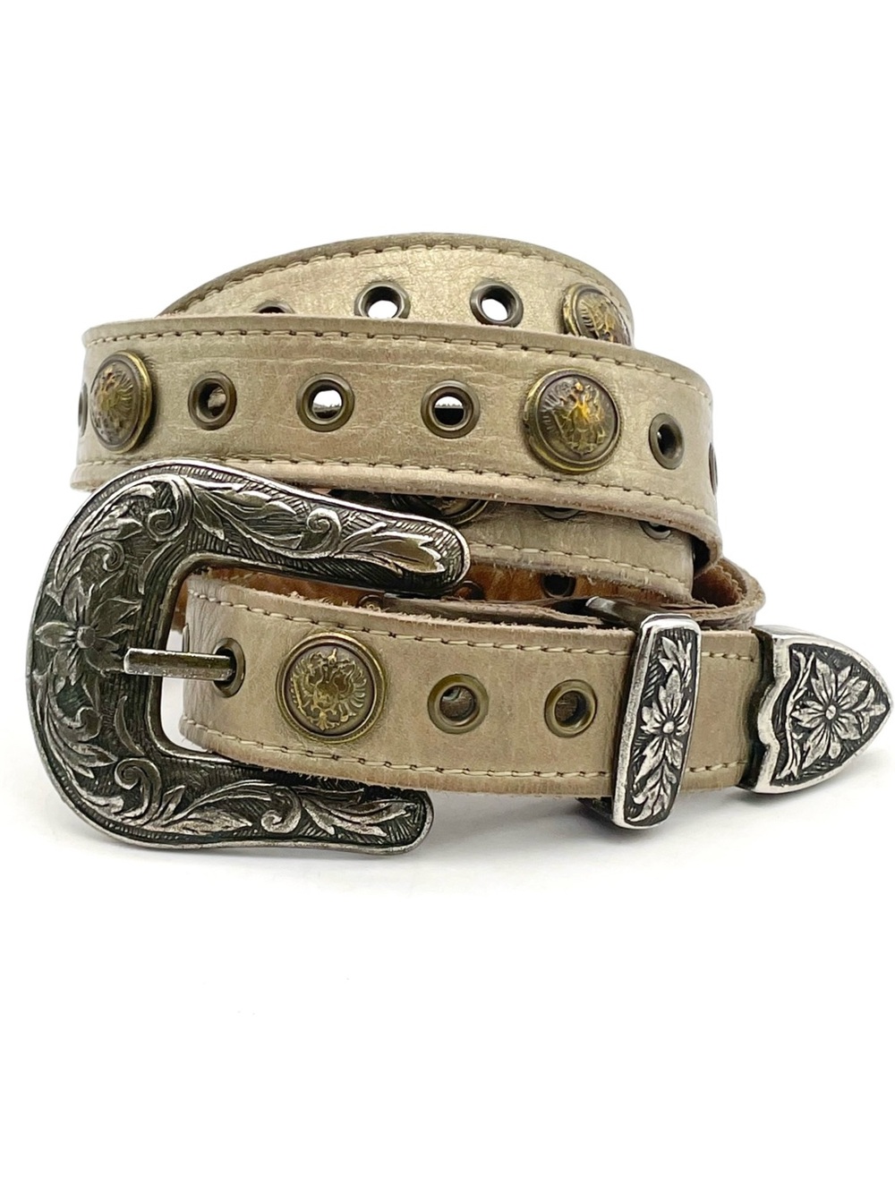 Vintage Western Leather Belt Taupe Tan Studded Floral Engraved Buckle Size XL - Picture 1 of 9